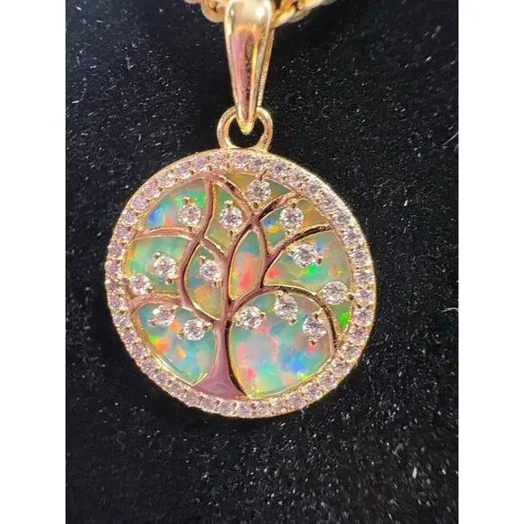 Moissanite Opal Tree of Life Necklace- 14k Vermeil over 925 - Picture 5 of 10